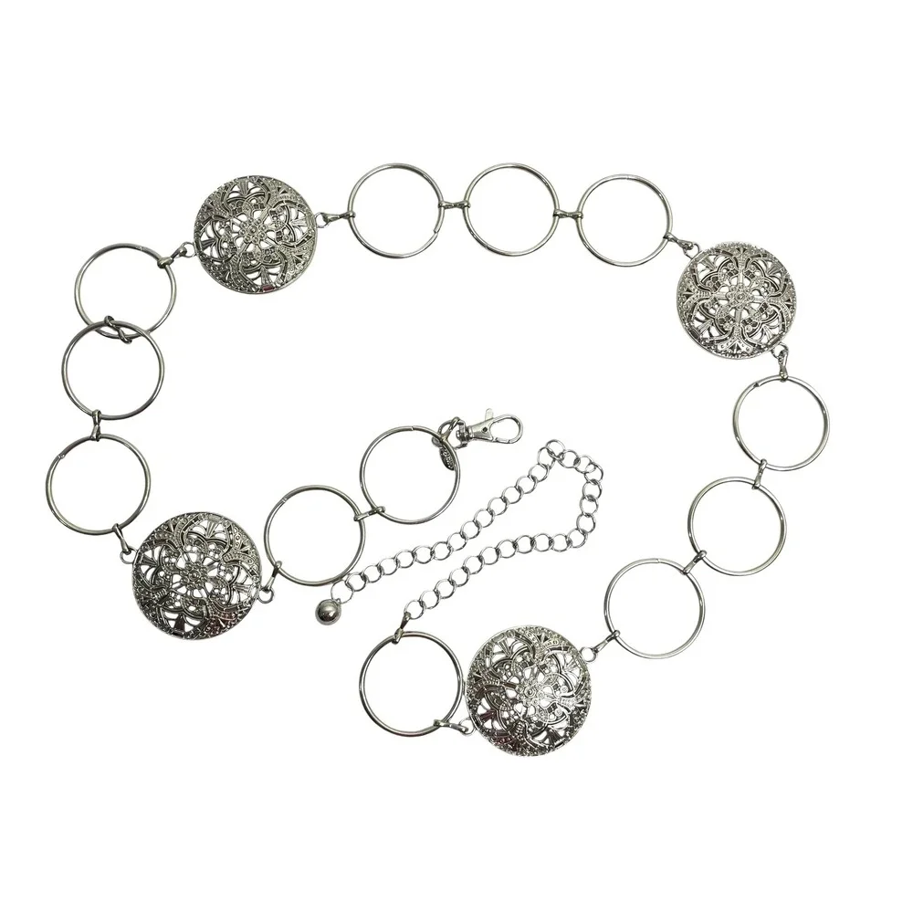 New Round metal concho chain belt Sliver Tone western boho tooled cowgirl floral